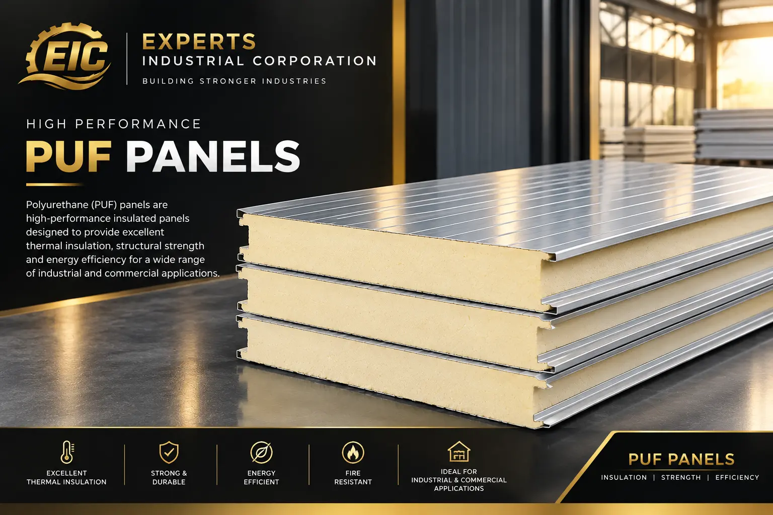 PUF PANEL – Insulated sandwich panels with a polyurethane foam core, offering excellent thermal insulation for cold storage, industrial, and prefabricated structures